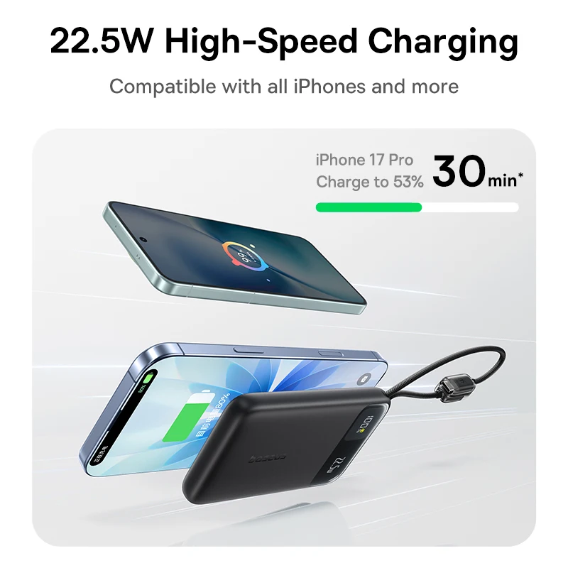 Фото Baseus 10000 мАч Power Bank 22,5 Вт Встроенный двойной кабель USB-C более тонкий быстрая зарядка для iPhone 17 Pro Max Samsung S25 Xiaomi Poco №2