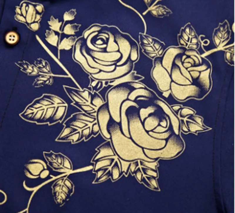 Brand Wine Red Mens Dress Shirts 2022 Fashion Golden Rose Flower Print Button Down Shirt Men Slim Fit Long Sleeve Chemise Homme