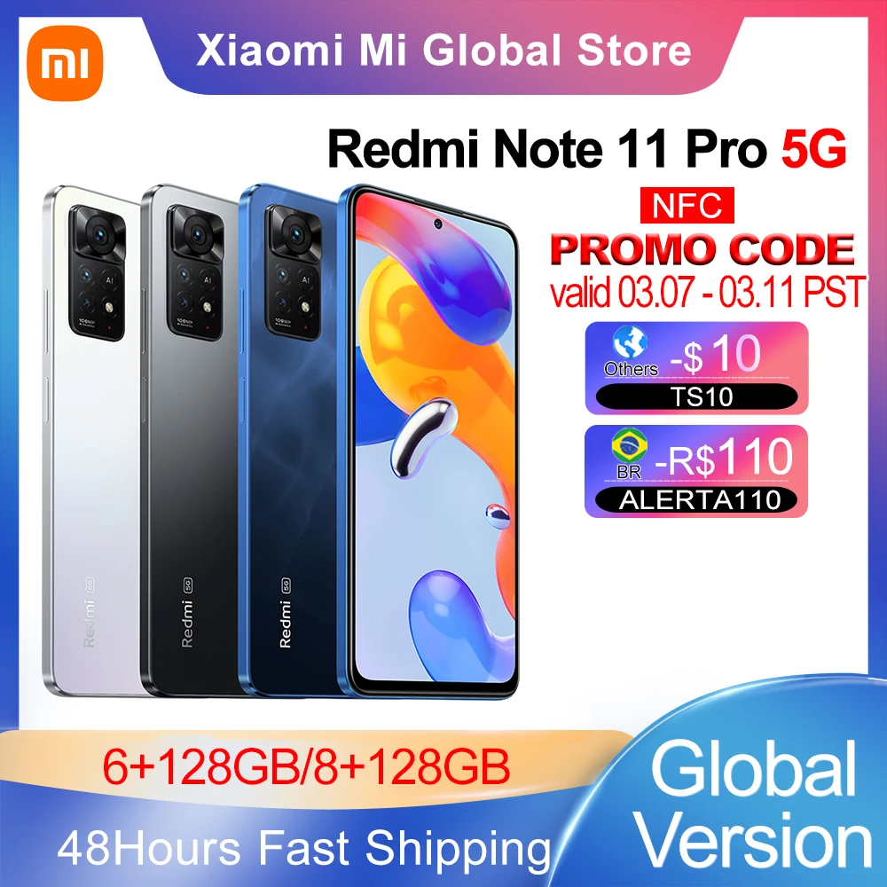 Global Version Xiaomi Redmi Note 11 Pro 5G 64GB/128GB Smartphone Octa Core Snapdragon 695108MP Camera 67W Turbo Charging 5000mAh