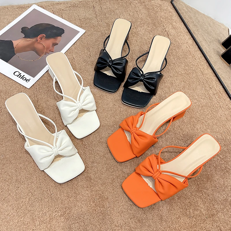 

2022 Summer Women Shoes Chunky Heel Women Sandals High Heel Shoes Women Elegant New Women Slides Woman Bow-knot Slippers Large