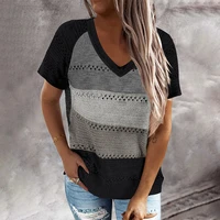 2022 summer knitted short sleeve top womens european and american contrast v neck pullover t shirt y2k top