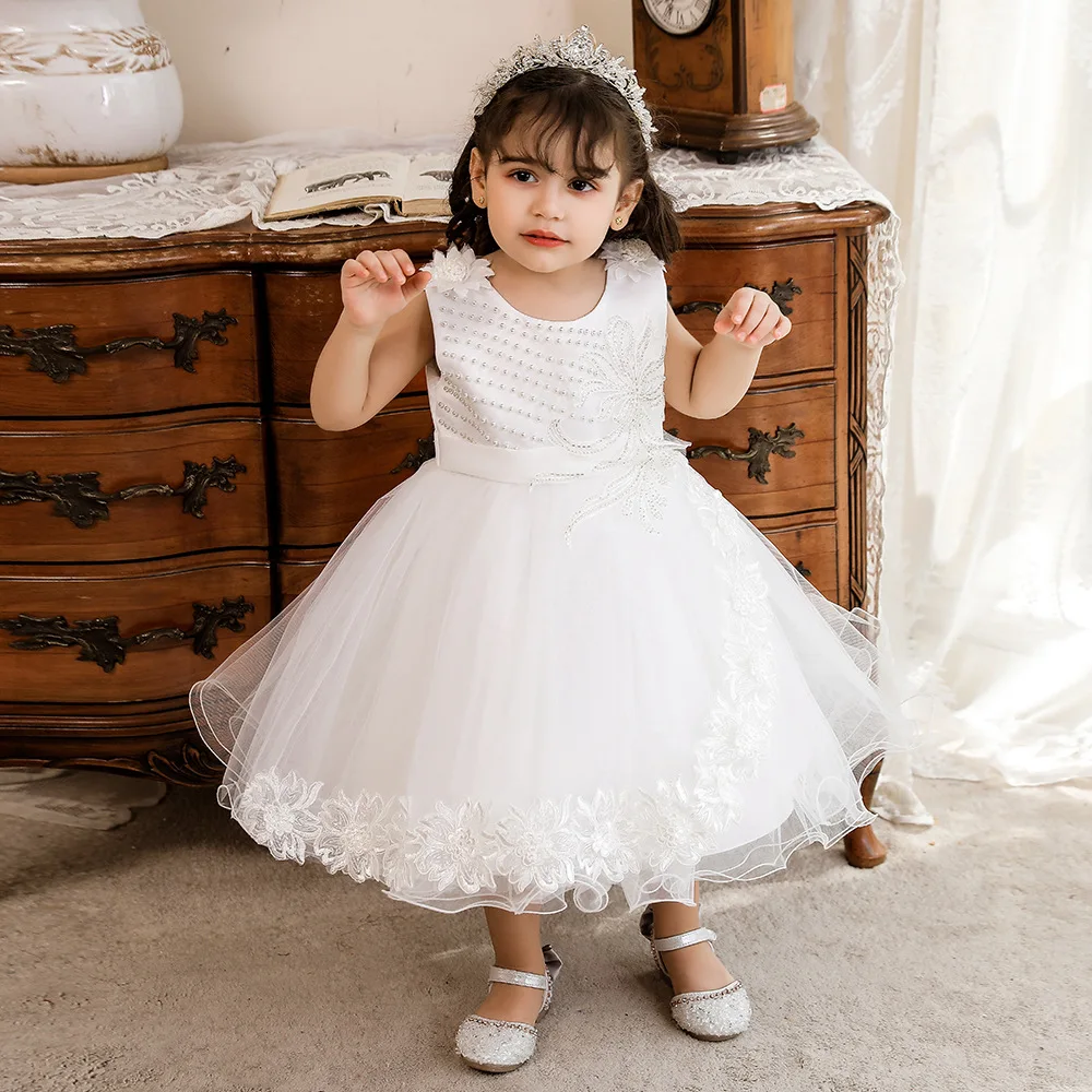 

New Design Kids Dress For 6M-4Y Girls Wedding Party Gowns with Pearls Elegant Princess White Sleeveless Children’s Dresses