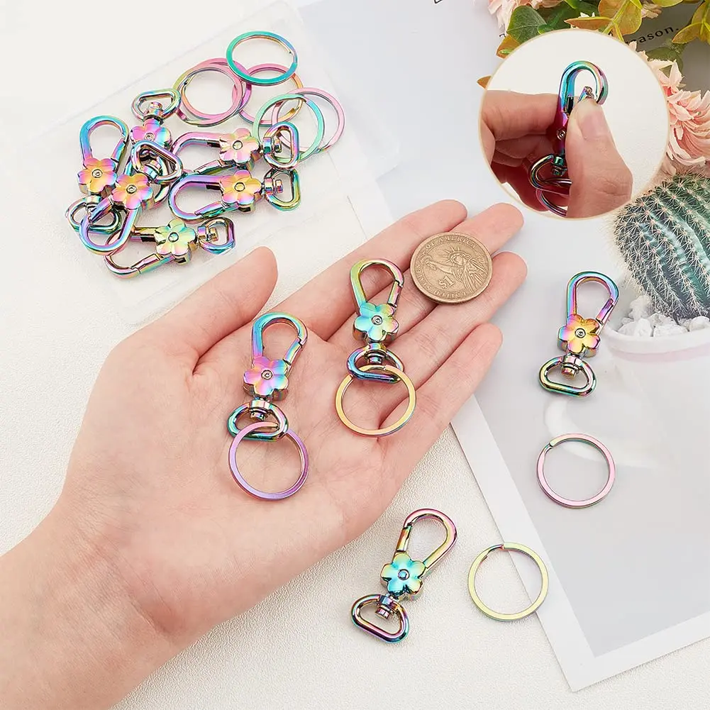 5Pcs/set Rainbow Swivel Clasps Set Alloy Trigger Snap Hooks Flower Lanyard Keychain Hook With Round Split Key Rings Keychain Bag