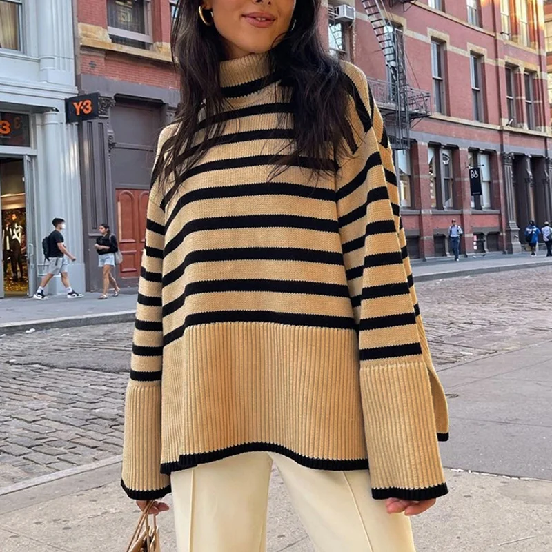 

Turtleneck Pullover Women Striped Winter Knitted Sweater Vintage Loose Pullover Casual Fashion Split Jumpers Long Sleeved Pull