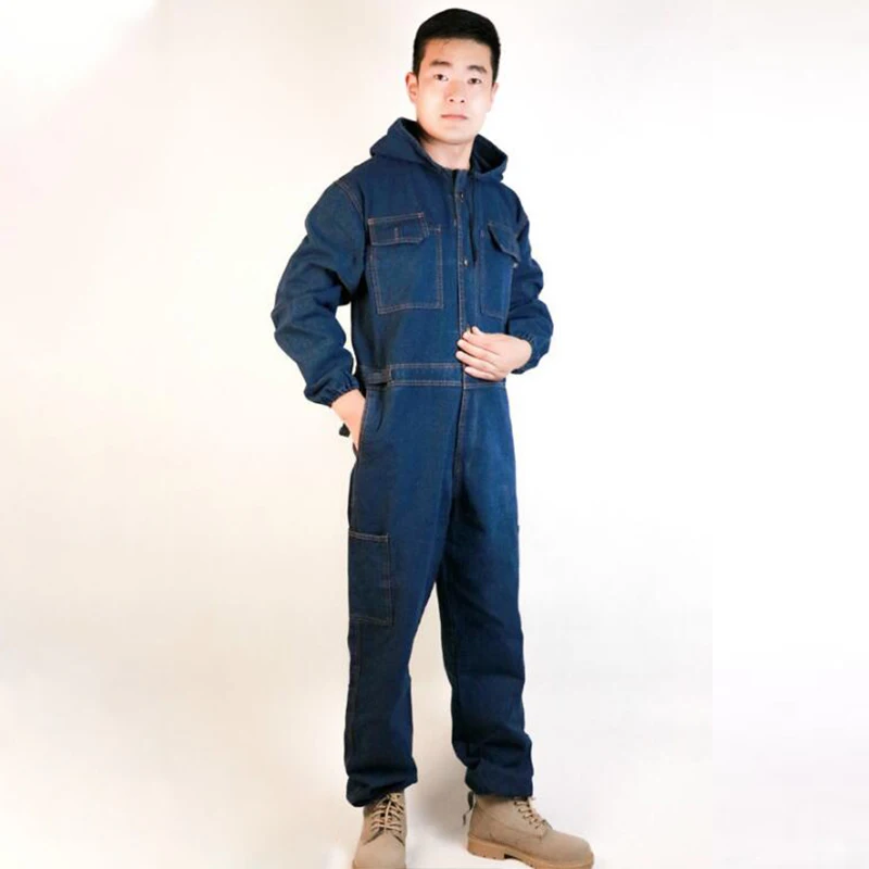 Unisex One-piece Overalls Denim Thicken Jeans Jumpsuit   Hooded Dust-proof Anti-fouling Overall Work Wear Cargo Pants S-4XL