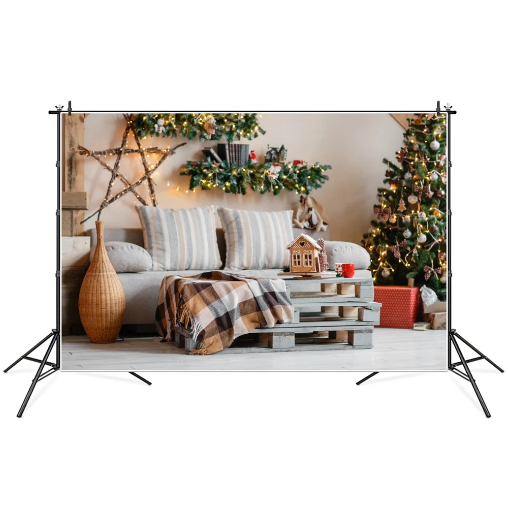 

Christmas Garland Sofa Wooden Table Room Interior Photography Backdrops Custom Baby Kid Party Decoration Photo Booth Backgrounds