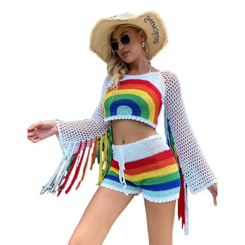 

Women Cover Ups Crop Tops with Shorts Crochet-Swimsuits Bathing Suit Bikini Hollow-Out Coverups Set Beach Swimwear