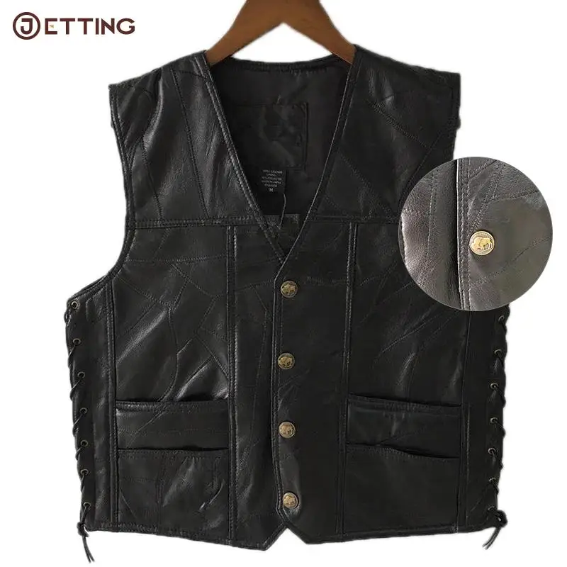 1PCS Punk Biker Vest Lace Button Autumn Sleeveless Jacket For Men Black Leather Polyester Motorcycle Vest For Men