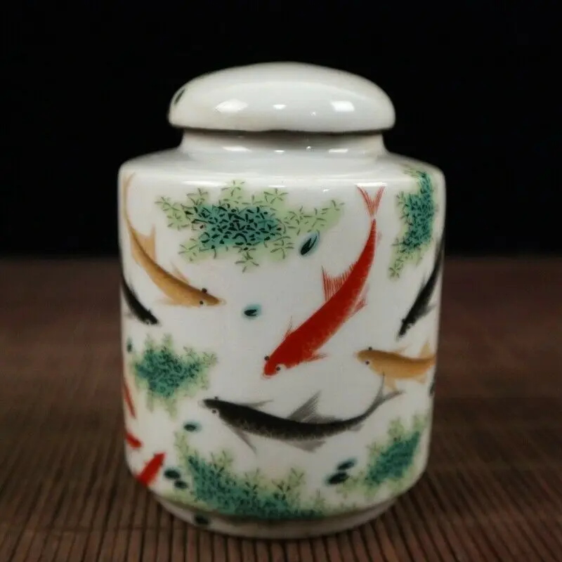 

Chinese old porcelain Pastel fish fun pattern Lid jar Receiving pot