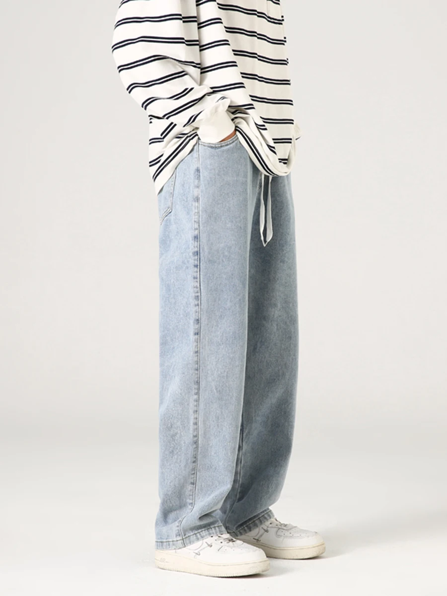 Four Seasons New Street Casual Loose Drawstring Jeans Men Loose Straight Casual Casual Drape Tide Brand Ins Wide Leg Long Pants