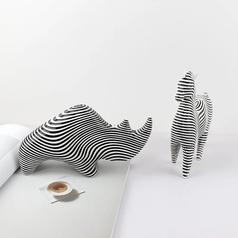 

Creative Black White Stripes Rhino Zebra Abstract Resin Crafts Animal Statue Living Room Decoration Home Decor Accessories Gift