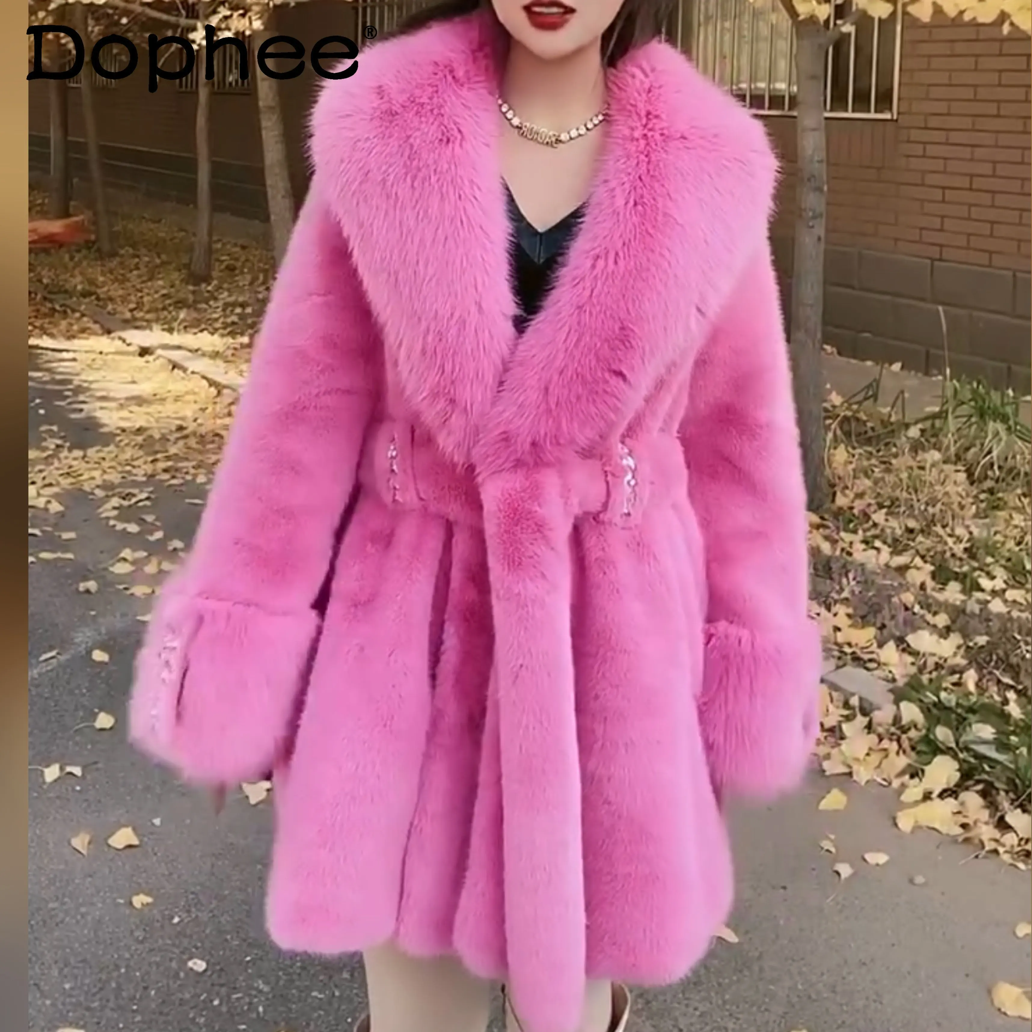 

Elegant Lapel Long Sleeve Toka Wool Warm Purple Fur Coat Women Winter Overcoat Embroidery Sequins Casual Luxury Furry Jacket