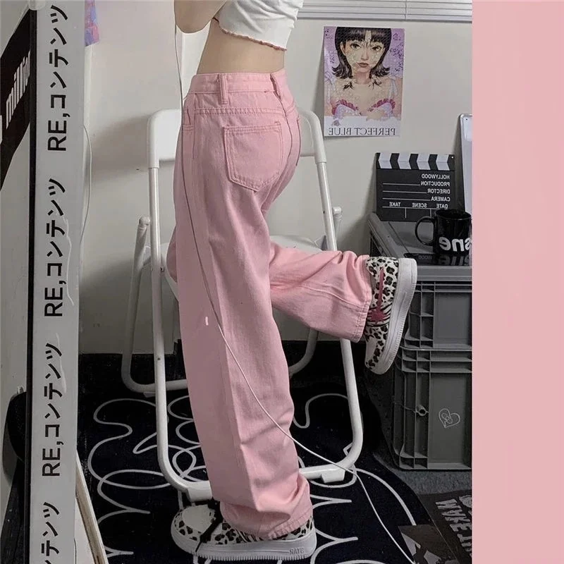 

Женские мешковатые джинсы Y2K, розовые милые модные джинсовые брюки в Корейском стиле оверсайз с низкой посадкой и широкими штанинами, уличная одежда, свободные брюки Alt
