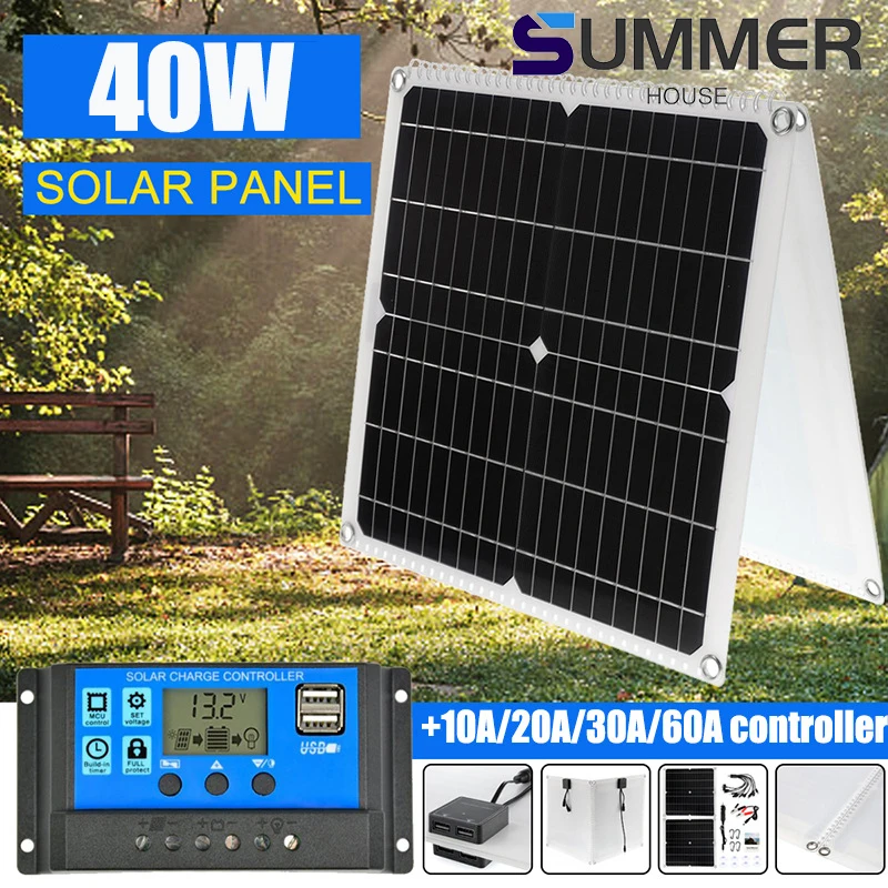 

40W Solar Panel Kit with Controller 18V Foldable Solar Plate Battery Charge System 2USB Output for Battery Car Outdoor Camping