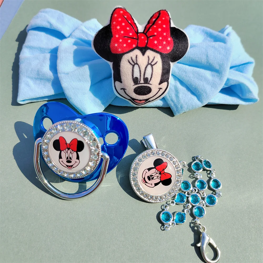 

Minnie Mouse Newborn Plush Doll Baby Headband Infant Girl Blue Elastic Knit Set Blue Transparent Bling Soother Dummy with Holde