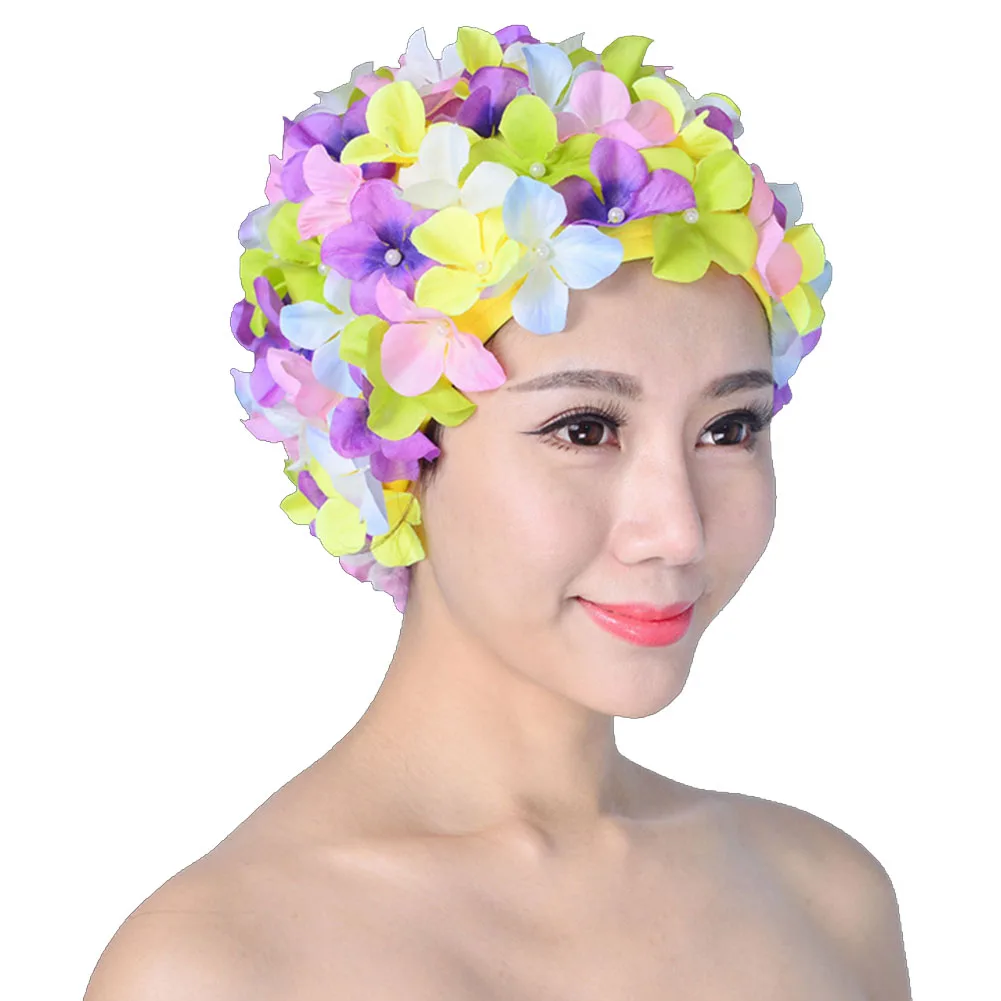 

Women Free Size Soft Breathable Flower Handmade Unique Beach Diving Water Sports Protection Elastic Long Hair Solid Swimming Cap