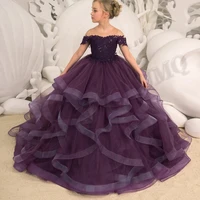 deliacate dark purple ball toddler birthday flower girl dresses appliques off shoulder wedding party dresses fashion show