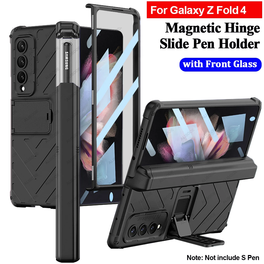 

Capa For Samsung Galaxy Z Fold 4 Fold4 5G Case Magnetic Hinge Slide Pen Slot Front Glass Film Kickstand Holder Hard PC Cover