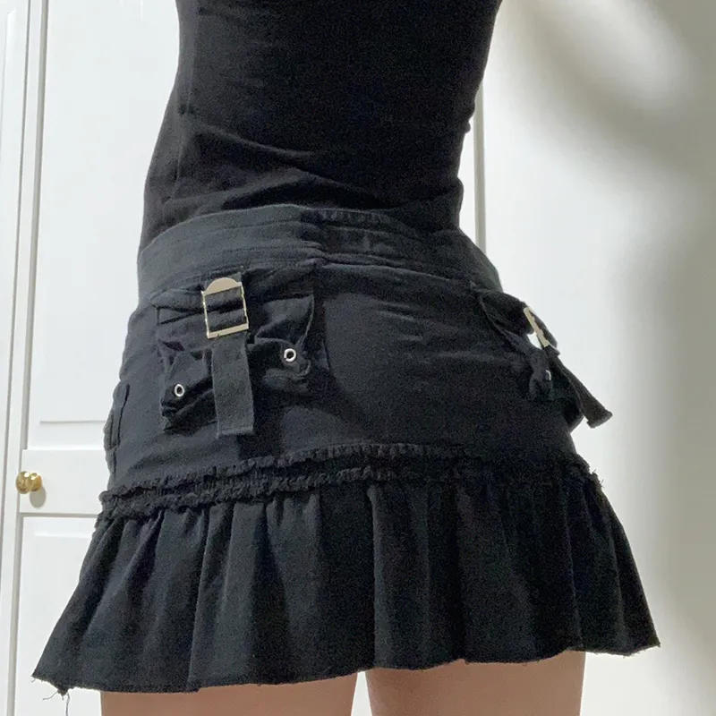 Y2K Dark Academia High Waist Frill  Pleated Denim Skirt Harajuku Grunge Zipper Mini Skirt E-girl Gothic Mall Goth Streetwear