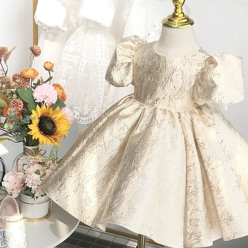 Baby Girl Princess Dress Puff Sleeve Infant Toddler Teen Bow Vestido Gold Party Birthday Ball Gown Xmas Baby Clothes 1-14Y images - 6