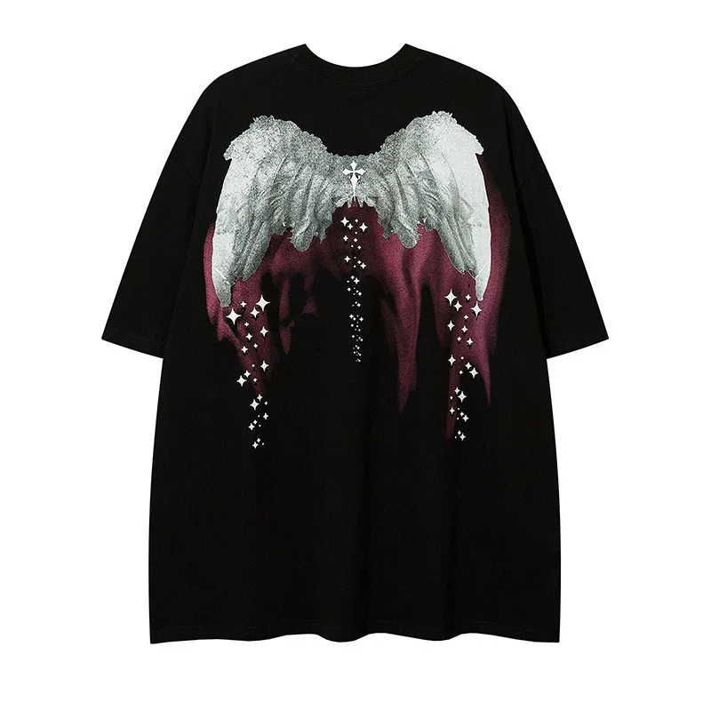 

Лето 2023, Мужская свободная футболка с принтом темных уличных крыльев и коротким рукавом, мужская и женская футболка в стиле хип-хоп с рукавом до локтя, уличная одежда