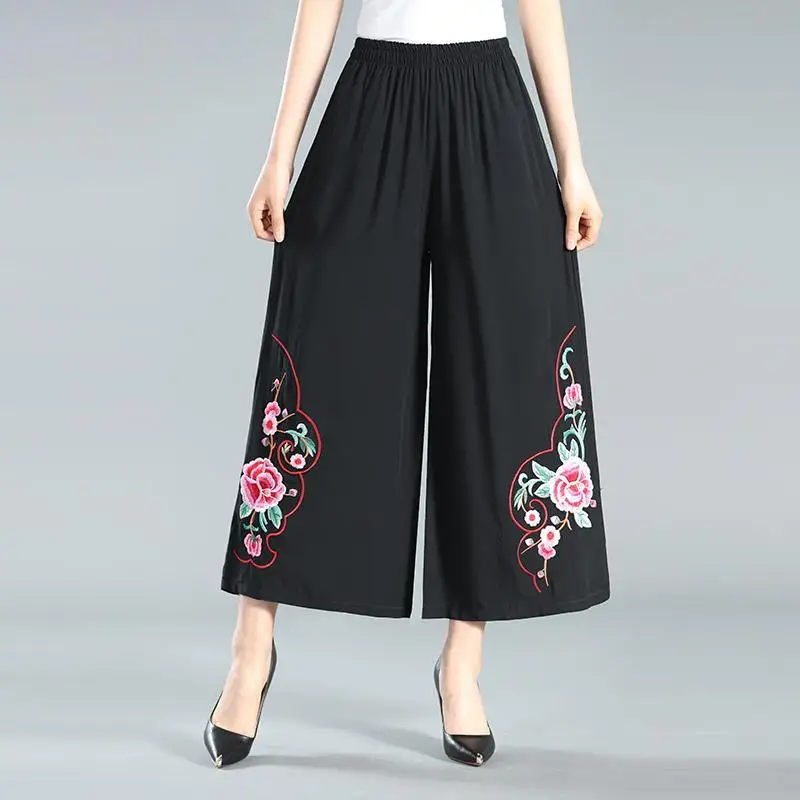 

Women 2022 Summer New Middle-aged Loose Trousers Female Thin Embroidered Cotton Linen Pants Ladies Thin Wide-leg Pants T21