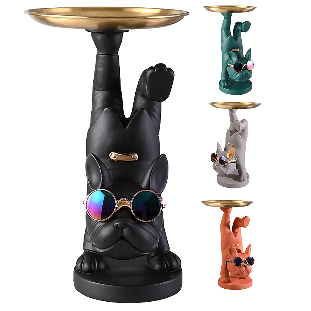 

Bulldog Fruit Dish Desktop Metal Tray French Bulldog Sculpture Animals Figurines Home Living Room Table Decor