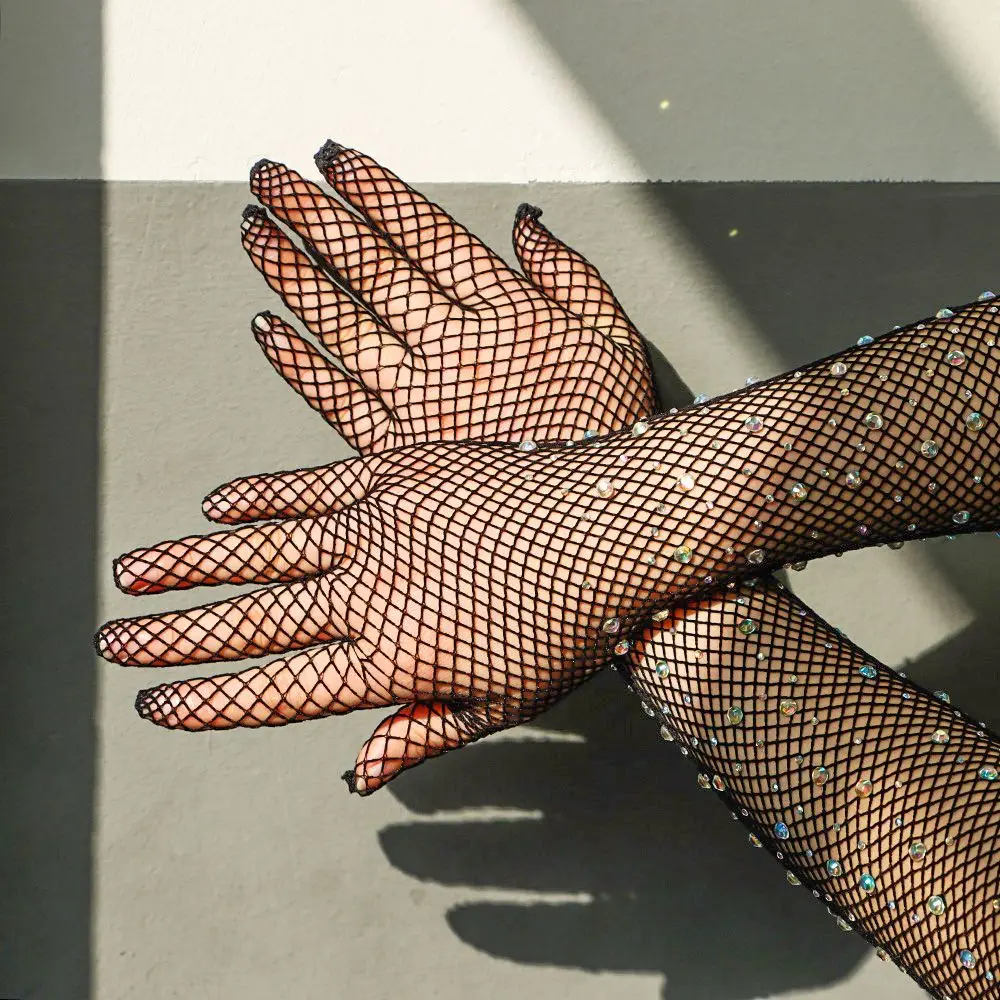 

Sexy Elastic Mesh Gloves With Colored Flash Diamonds Bungee Stage Performance Hollow Fishing Net Punk Hiphop Women's Gloves