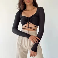 qnvigo long sleeved top lace up 2022 spring new girl fashion lace up bottoming shirt sexy short navel t shirt