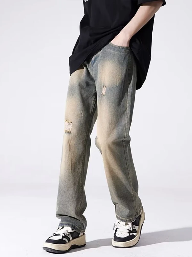 Men's Ripped Jeans Patchwork High Street Straight Wide Leg Pants Retro Loose Fit Wide-Legged Jeans Men Pants