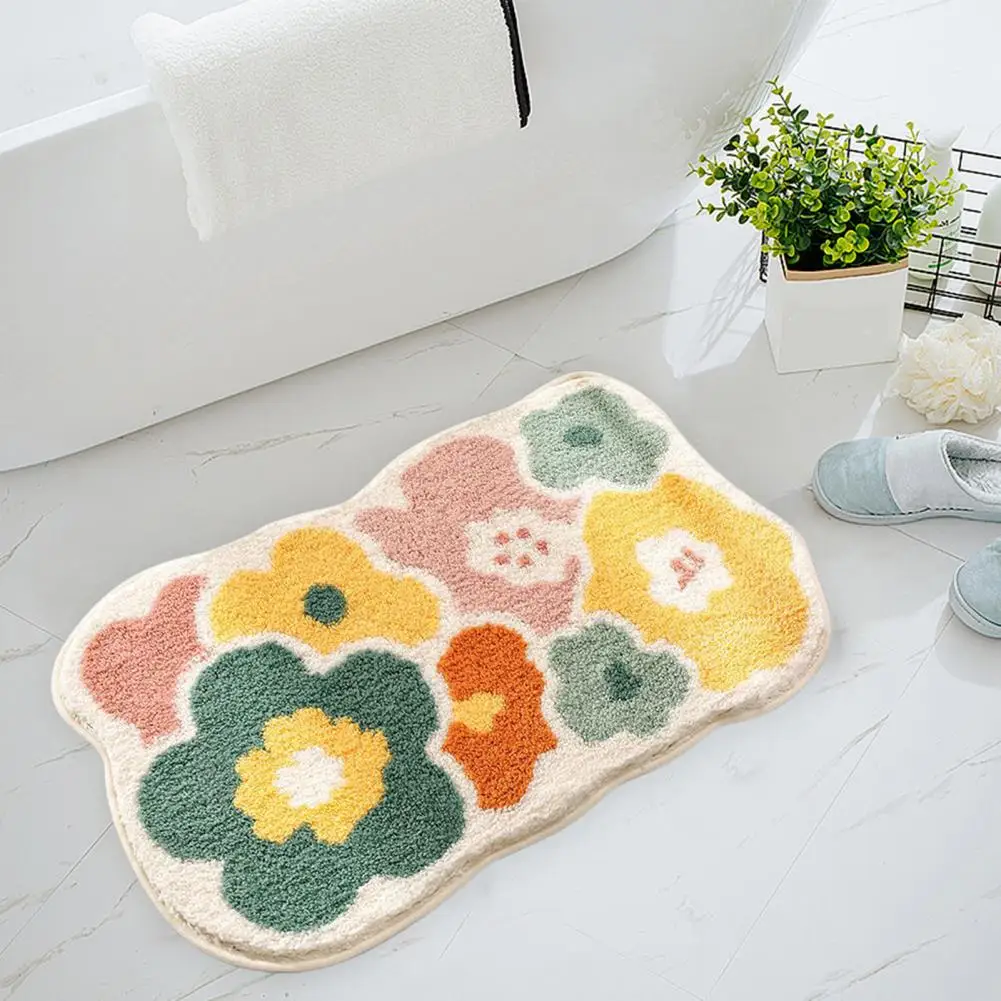 

Supplies Lovely Flower Pattern Flocking Rug Water Absorbent Washable Non-slip Mat for Bathroom Bedroom Kitchen Essential Thick