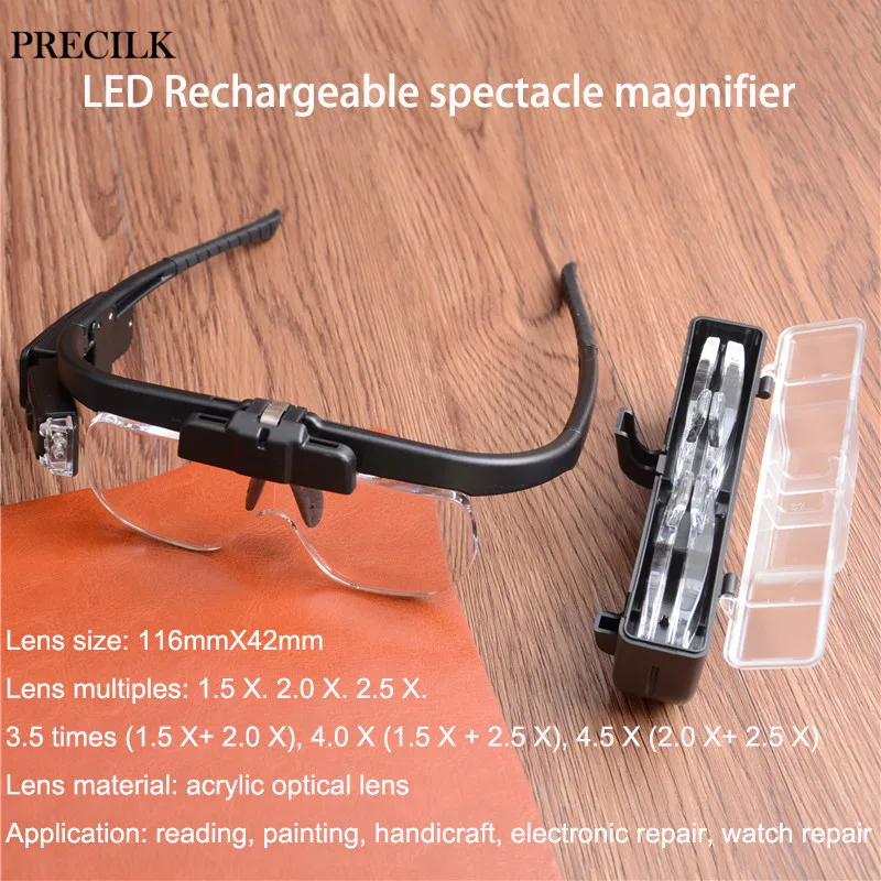 

Rechargeable Glasses-type Headband LED Wearing Magnifier Replaceable Optical Lens Repair Clock Reading Loupe Magnifying Glass