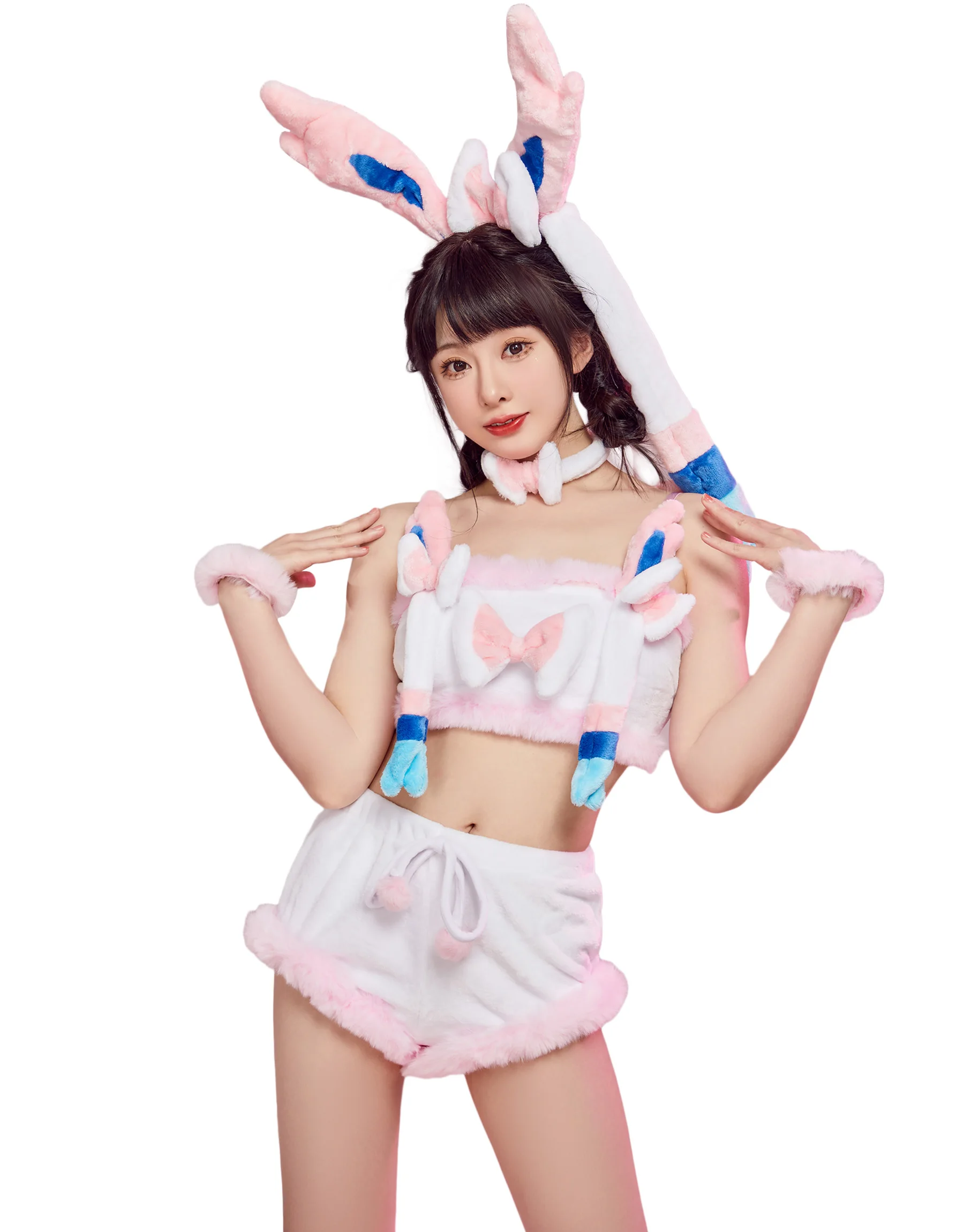 bielizna damska Mobbunny PM Cosplay Kawaii komplet pluszowych ubrań domowych różowy krótki top i spodenki z opaską skarpetkami