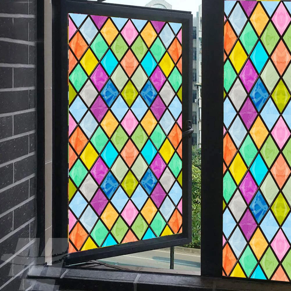 

Privacy Window Film Vinyl No Glue Static Cling Color Rhombus Stained Frosted Glass Decorative Window Film Window Sticker 03
