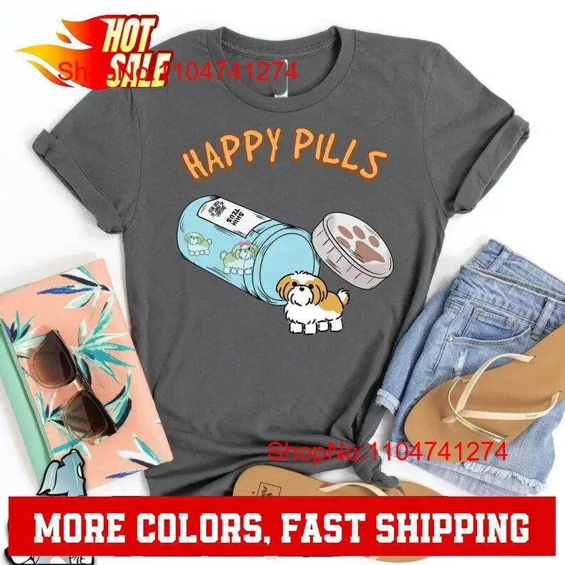 Фото Футболка Shih Tzu Happy Pills Dog s Pet Owne, винтажный стираный универсальный топ для повседневной носки, растягивающаяся уличная одежда №1