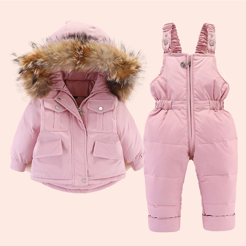 2pcs Set Baby Girl Winter Down Jacket and Jumpsuit for Children Thicken Warm Fur Collar Jacket for Girls Infant Snowsuit 1-5Year