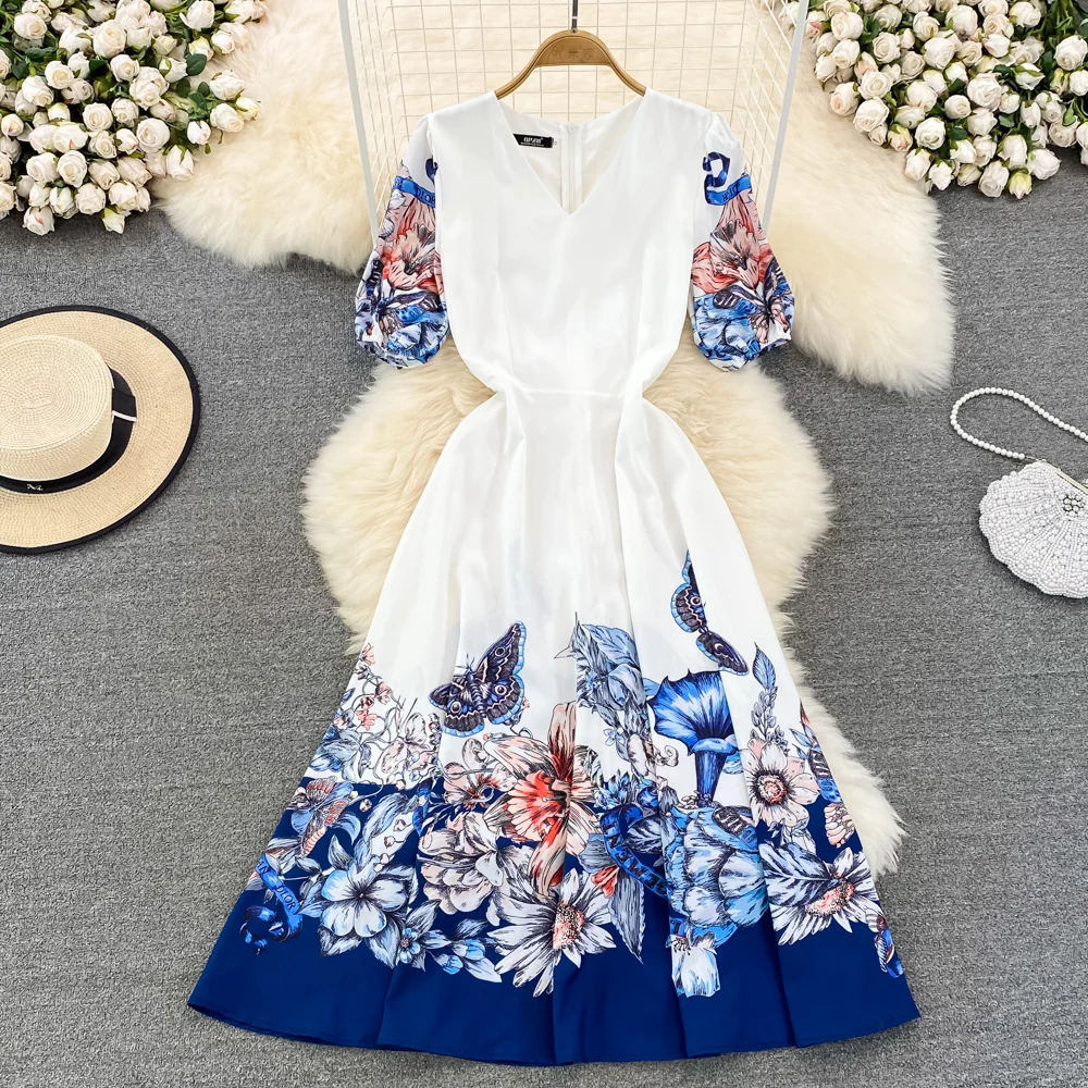 

VANOVICH Summer New Vintage Temperament V-neck Puff-sleeved Waist Thin Printed A-line Dress Women Fashion Elegant Long Dress