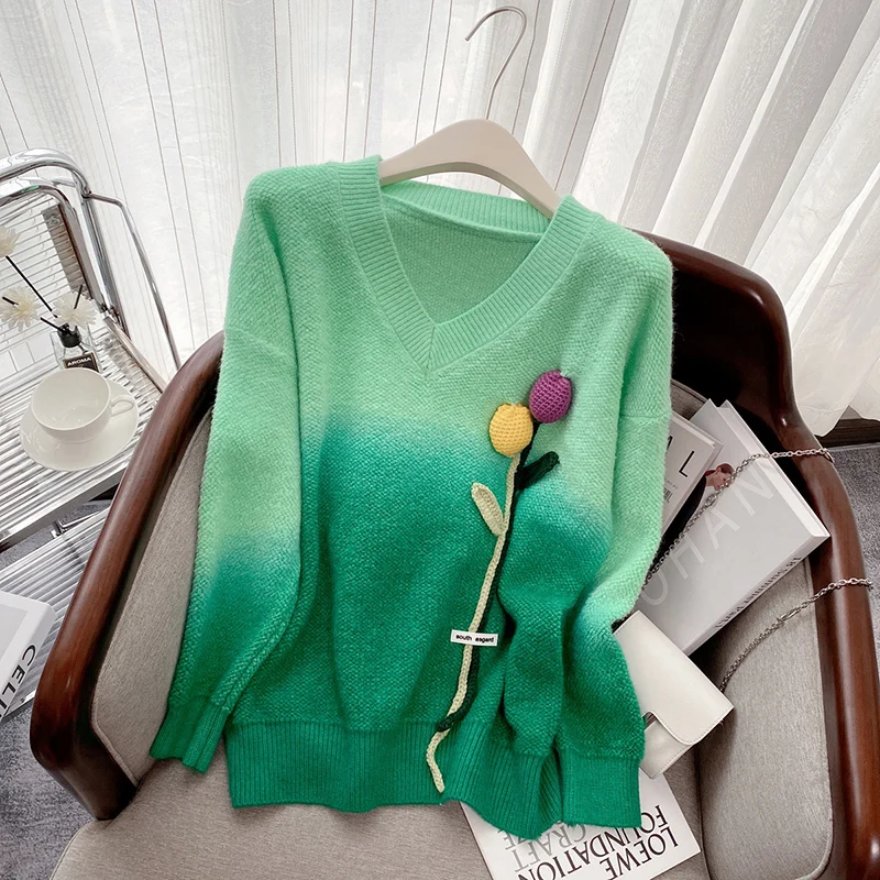 

Tie-dye Thicken Sweater Autumn Winter 2022 Gradient Tulip Flower Design beautiful clothing V-Neck Pullover Knitwear Tops