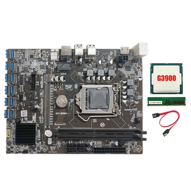 

B250C Mining Motherboard With G3900 CPU+1XDDR4 8G 2666Mhz RAM+SATA Cable 12XPCIE To USB3.0 Card Slot Board For BTC