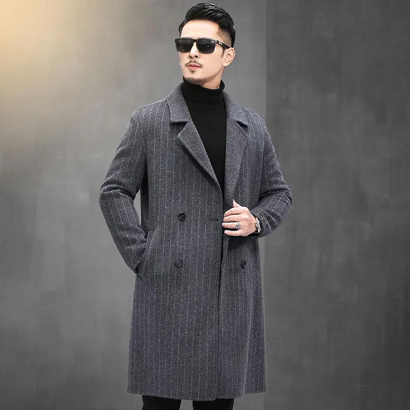 

Casual Double Breasted Mens Wool Overcoat Winter 2022 Houndstooth Stripe Jacket Men Turn-down Collar Long Woollen Wind Coat B353