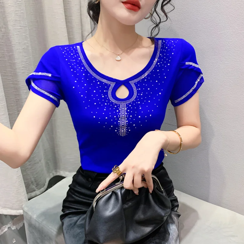 

Летняя женская футболка с коротким рукавом 2023, элегантные облегающие топы из сетчатой ткани, женские блузы черного и синего цветов, одежда