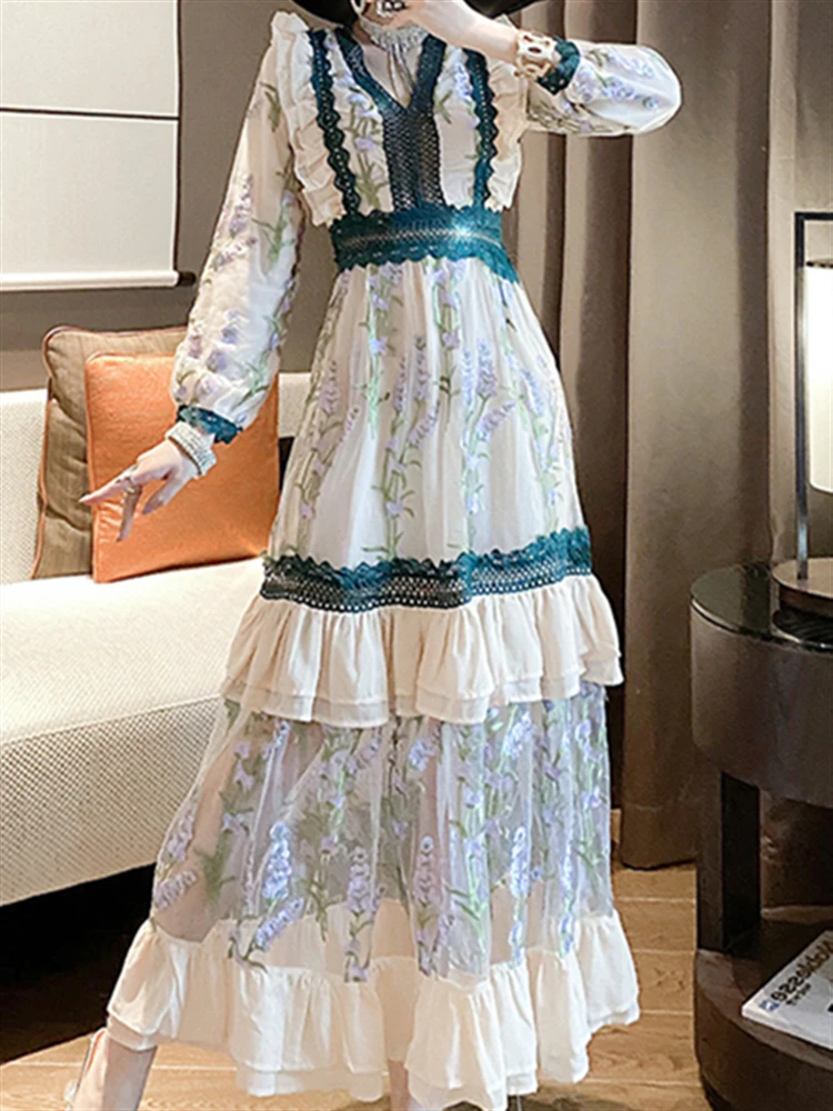 2023 High Waist Party Vintage Boho Luxury Long Sleeve Runway Embroidery Woman Dress Dresses Women Spring Lace Elegant Autumn