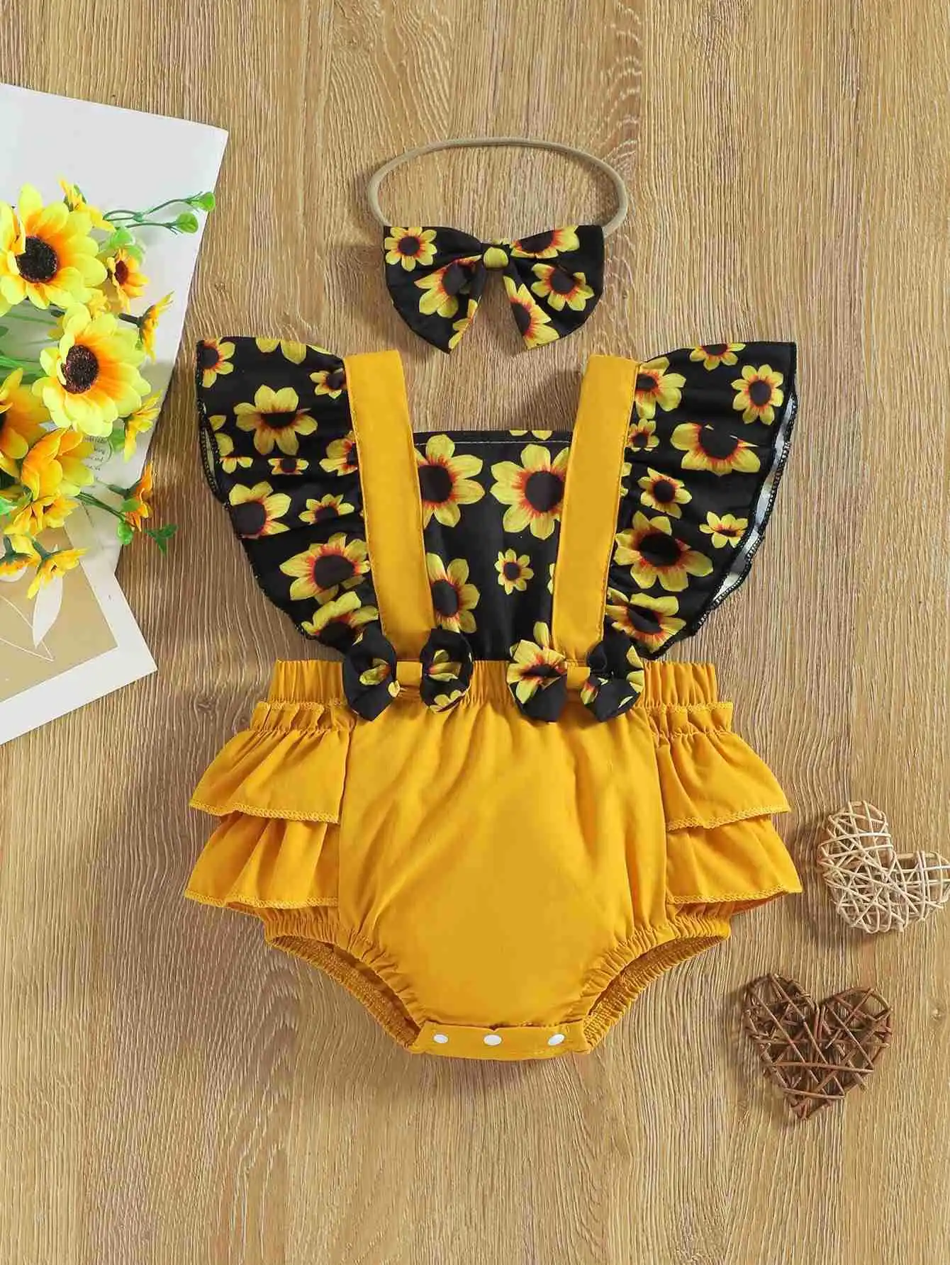 Summer Newborn Infant Baby Girls Sunflower Printing Fly Sleeve Fake Two Pieces Romper +Headband Kids Fashion Baby Clothing 0-18M