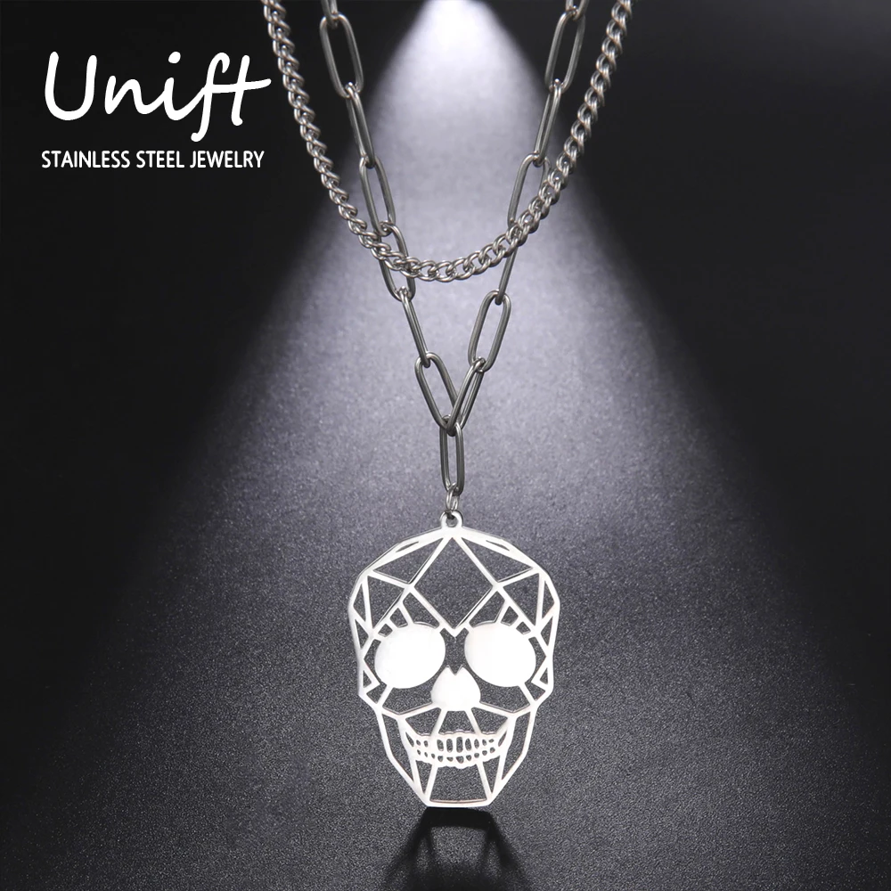 

Unift Двухслойное ожерелье с геометрическим скелетом и черепом для женщин, ювелирные изделия из нержавеющей стали в стиле гранж, панк, готичес...
