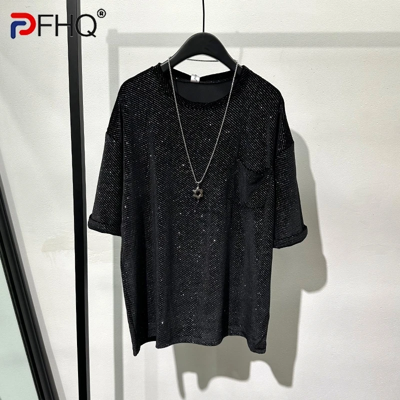 

PFHQ 2023 Summer New Fashion Casual For Men's T-shirt Solid Color O-neck Half Sleeve Loose Bright Diamond Tops Men Tide 21F3953