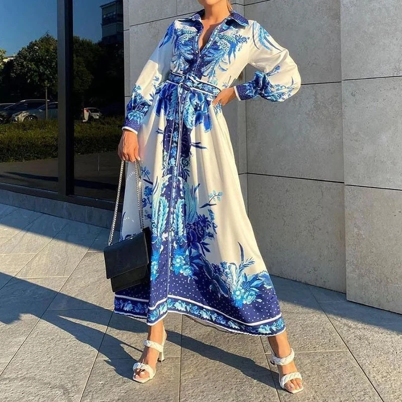 

Mandylandy Women Elegant Vintage Ethnic Shirt Dress Fashion Female Retro Long Sleeve Turn Down Collar Single Breasted Dress