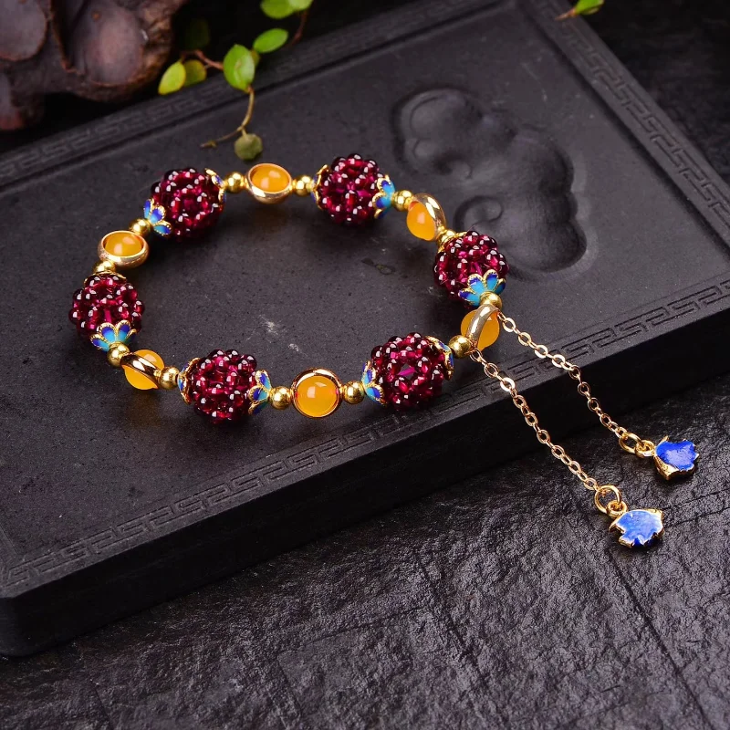 Natural Garnet Bracelet Chinese Style Multi Circle Alloy Bracelet Ladies Jewelry Fashion Women Accessories