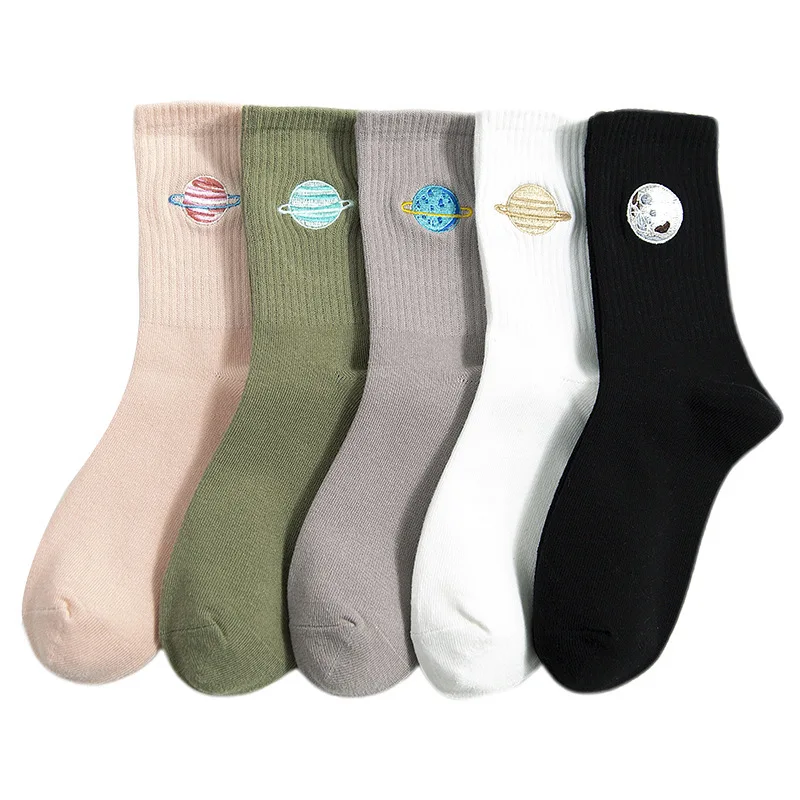 Socks Women's Medium Stockings Thin Autumn Cute PlanetEmbroidery Personality Stocking Girls