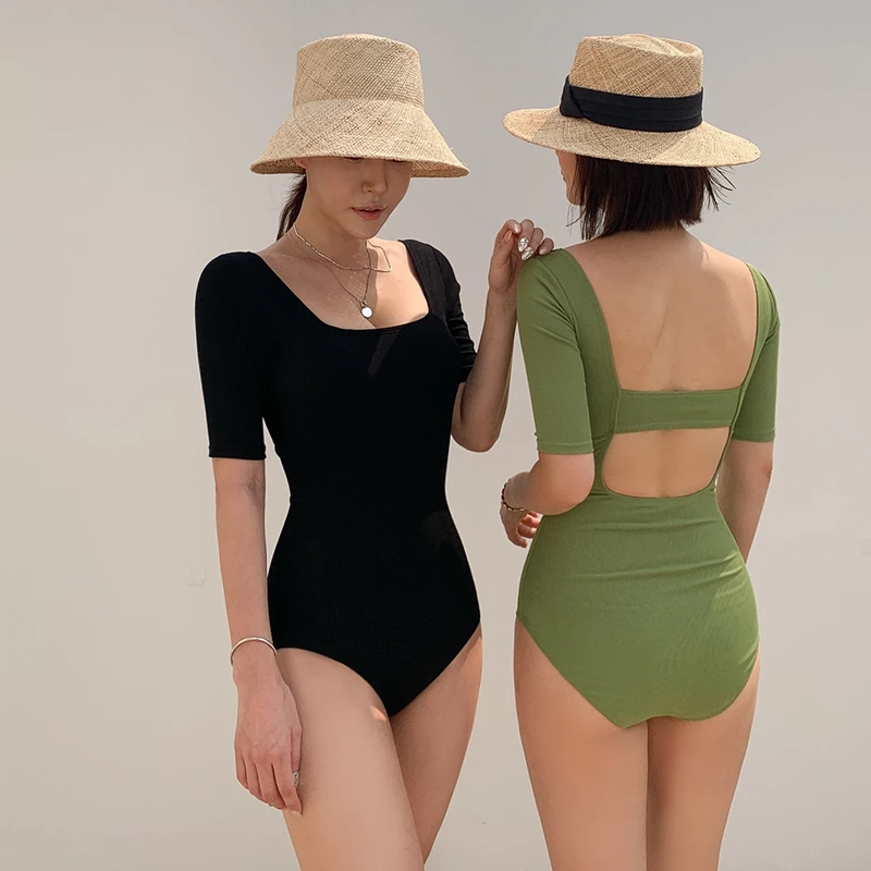 

Korean Style One Piece Swimwear Women Half Sleeve Swimwear Padded Swimsuit High Quality Bathing Suit sexy Monokini Beachwear