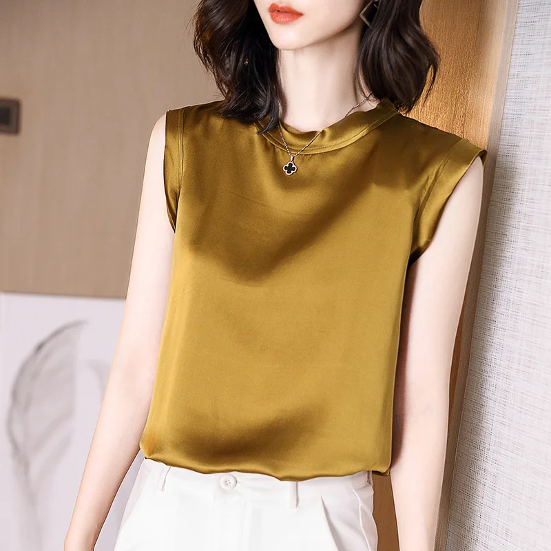 2020 new summer dress satin round neck vest loose shirt  korean fashion clothing  Camis  Solid  Tops  Regular  polyester